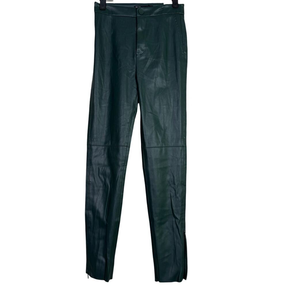 NWT ZARA Faux Leather Hi Elastic Waist Skinny Zip Up Ankle Crop Pants XS Green